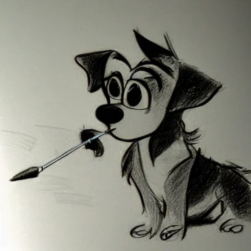 Image similar to milt kahl pencil sketch of happy mini schnauzer cartoon lady and the tramp style