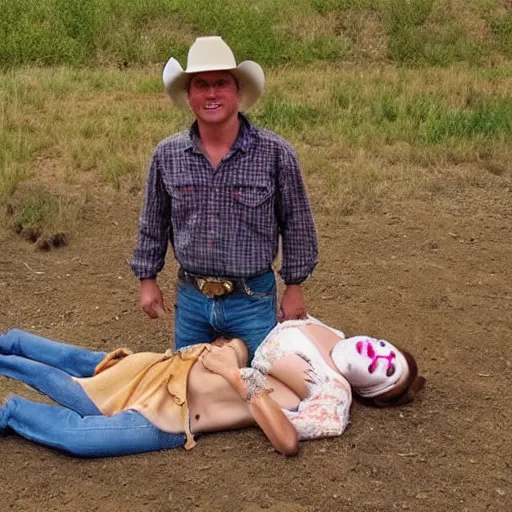 Image similar to a cowboy standing next to a dead girl, the cowboy is smiling.