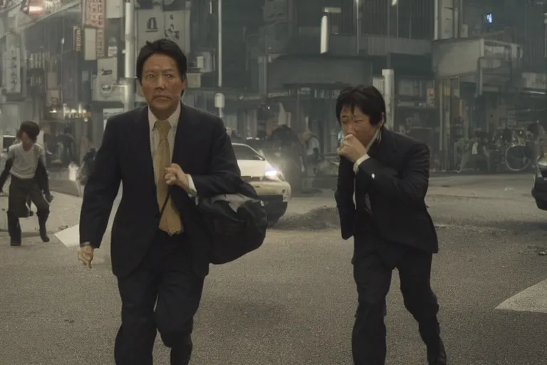 Prompt: cinematography action movie closeup portrait of a Japanese business man carrying his dog running from an explosion in Tokyo by Neil blomkamp