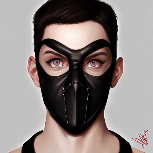 Image similar to man wearing black fabric mask, highly detailed face, character art portrait, deviantart artstation, by artgerm