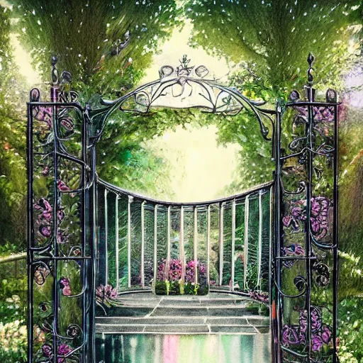 Image similar to delicate rain, symmetric, chairs, garden, paved, botanic watercolors, iridescent, 8 k, realistic shaded, fine details, artstation, italian, iron gate, tree, mediterranean, marvelous