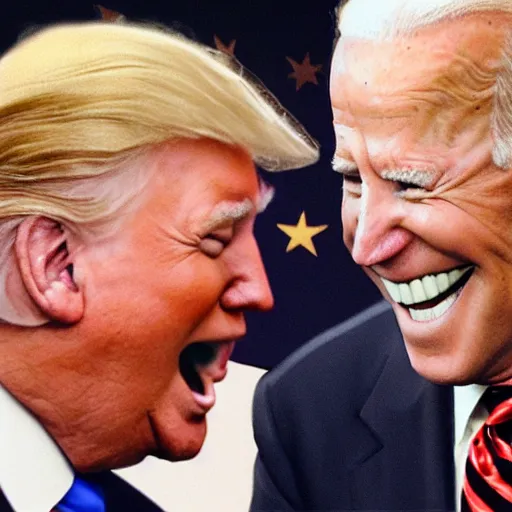 Image similar to donald trump and joe biden laughing together, taken by a bad webcam.