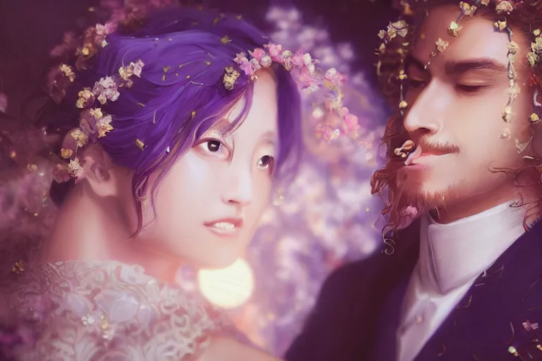 Image similar to a cinematic portrait of wedding photograph jpeg close up moment of a divine a japan sun god and moon goddess lovers magician at a wedding banquet. portraiture. digital painting. artstation. concept art. wedding photo. digital painting. violet evergarden art masterpiece by art by krenz cushart