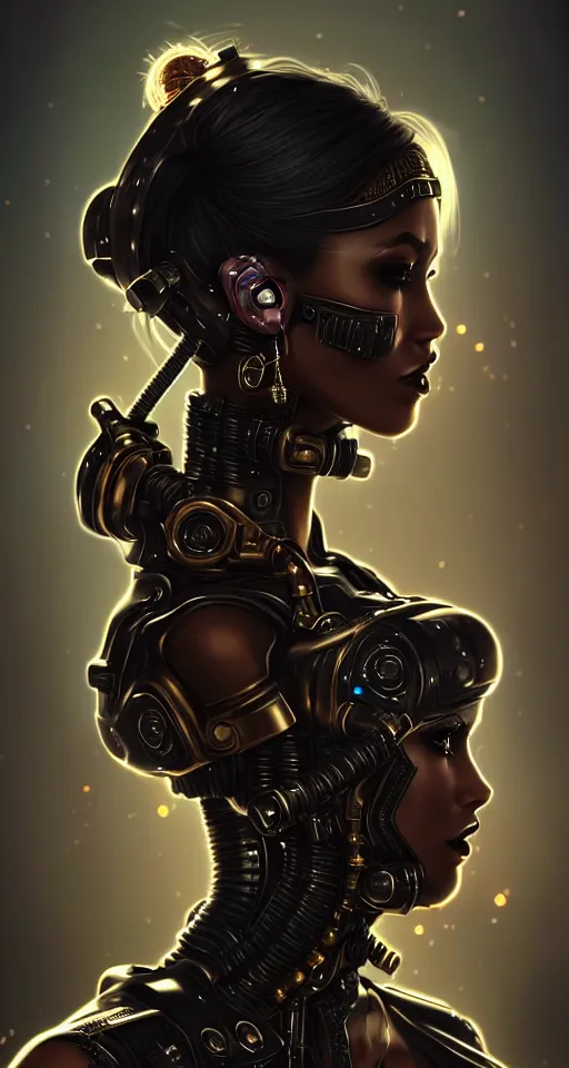 Image similar to soft lustrous ebony dark biotech raver gothic cyborg gutter punk, earbuds, golden ratio, details, scifi, fantasy, cyberpunk, intricate, decadent, highly detailed, digital painting, octane render, artstation, concept art, smooth, sharp focus, illustration, art by artgerm, loish, wlop