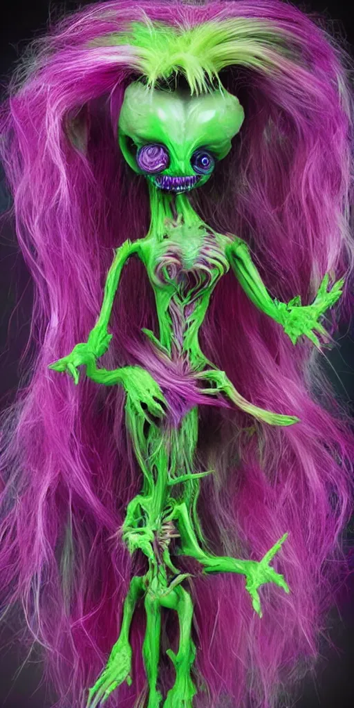 Image similar to a brutal terrifying and mysterious weird toy monster of chaos warped in horror with long rainbow - colored hair, her skin has gaps, spikes, and complex alien textures, terrifying and mysterious