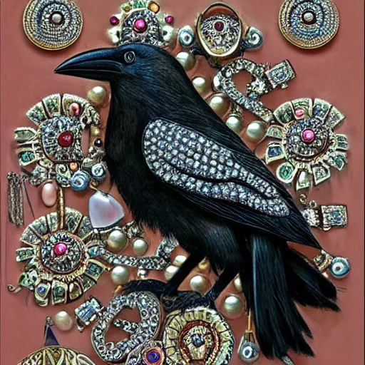 Image similar to crow made of elaborate jewellery, intricate, beautiful, national geographic