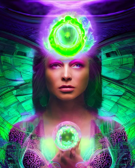 Image similar to a powerful energy psychedelic matrix sorceress, by alexander fedosav, hyper detailed digital matte painting, concept art, hyperrealism, 1 6 k resolution, cinema 4 d, 8 k resolution, trending on artstation, behance hd, a masterpiece, by stephan martiniere, particles, cel - shaded, power bright neon energy, by david a. hardy,