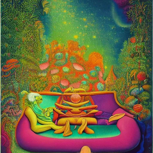 Image similar to psychedelic couch sofa in the lush forest, milky way, designed by moebius, rob gonsalves, gustav dore, giuseppe arcimboldo and carl barks, louis wain, trending on artstation, mediterranean, star, sharp focus, colorful refracted sparkles and lines, soft light, 8 k 4 k