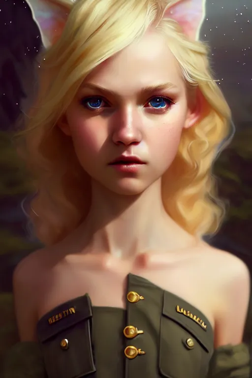 Image similar to cinematic shot of an epic portrait of a cute blonde fairy dressed in military clothes, stylised military clothes, shiny skin, beautiful eyes, beautiful, small details, night setting, realistic poster with volumetric light from craig mallism, artgerm, jeremy lipkin and michael garmash, unreal engine, radiant light, digital art, trends at art station, a masterpiece