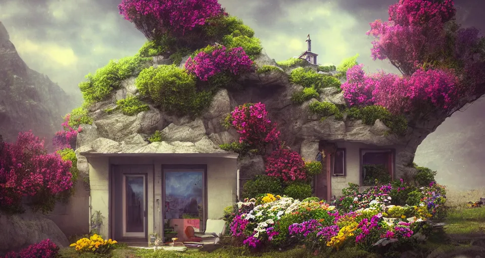 Image similar to small house in canyon filled with flowers, space ship flying by, photorealistic, trending on artstation, moody