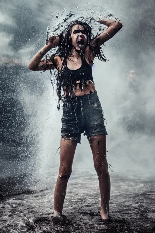 Prompt: apocalyptic photograph of a teenage girl screaming face toward the camera wearing wet!! and ripped!!! shirt and shorts while a terrifying robot!!! stands very tall in the distance, short dof, atmospheric, rain and smoke and lightning, bold colors, dramatic movie still