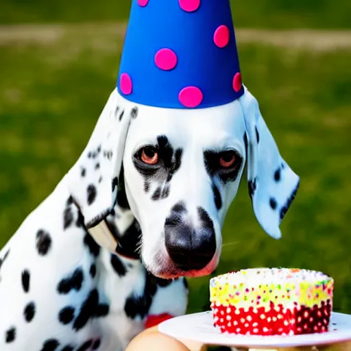 Image similar to female dalmatian with birthday hat eating birthday cake,