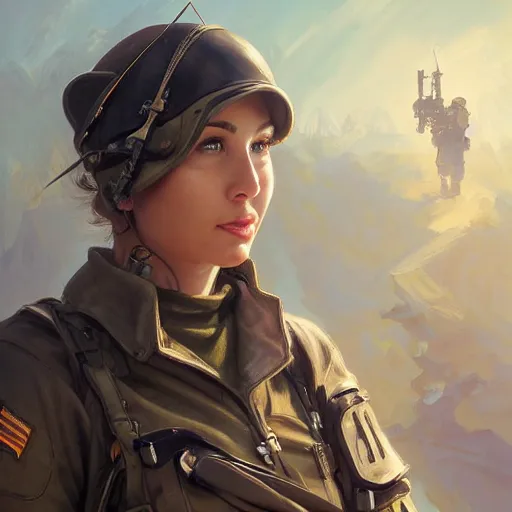 Image similar to portrait of mia kunis as a army soldier, looking at camera, d & d, intricate, elegant, stylish, cute smirk, fantasy, extremely detailed, digital painting, artstation, concept art, smooth, sharp focus, illustration, stunning lighting, art by artgerm and greg rutkowski and alphonse mucha and simon stalenhag.