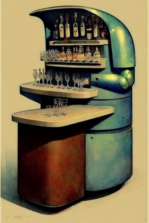 Image similar to ( ( ( ( ( 1 9 5 0 s retro future android mobile bartender bar. muted colors. ) ) ) ) ) by jean - baptiste monge,!!!!!!!!!!!!!!!!!!!!!!!!!