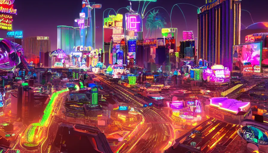 Image similar to Cinematic view of Futuristic Las Vegas with lots of neons and holograms, first person view, hyperdetailed, artstation, cgsociety, 8k