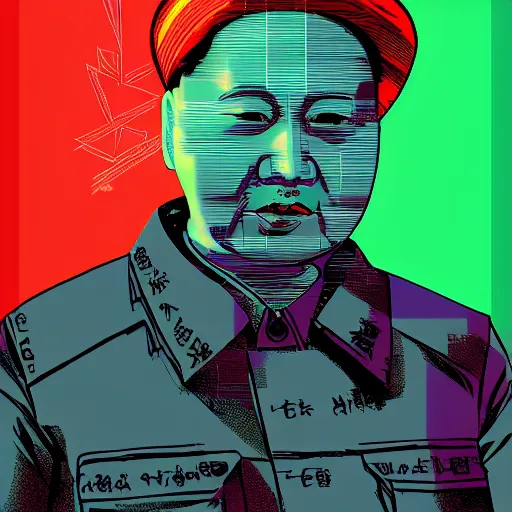 Prompt: cyberpunk mao zedong as the leader of a futuristic communist society, cybernetics, sharp lines, digital, artstation, colored in