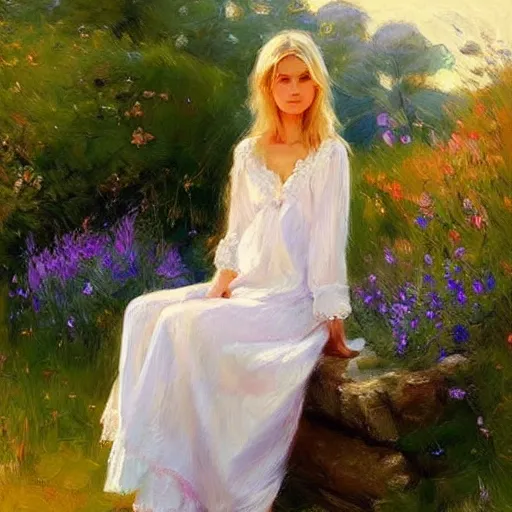 Prompt: blonde woman, nightgown, swedish countryside, archipelago, morning, masterpiece, highly detailed, beautiful, atmospheric, impressionism, painting by Vladimir Volegov