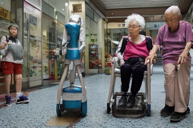 Prompt: robots helping elderly tourists in Hong Kong by Roger Deakins