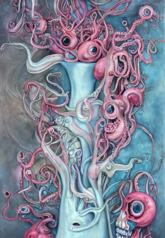 Prompt: a biomorphic painting of a vase with flowers and eyeballs, surrealist painting by marco mazzoni, by dorothea tanning, pastel blues and pinks, tentacles, melting, plastic, skull, featured on artstation, metaphysical painting, oil on canvas, fluid acrylic pour art, airbrush art, seapunk, rococo, lovecraftian
