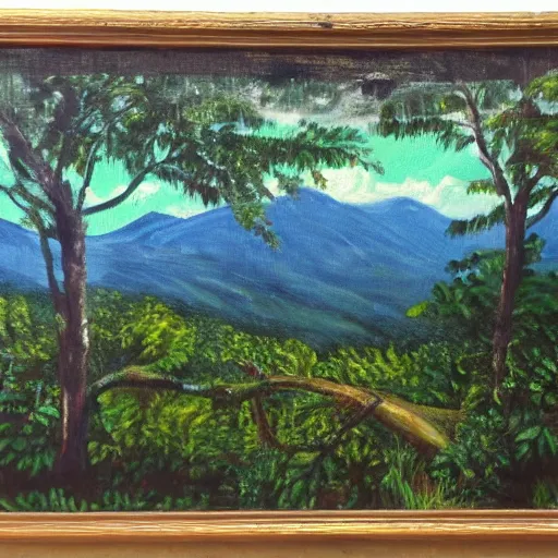 Prompt: a nicaraguan forest in spring, mountains in the background, oil in canvas