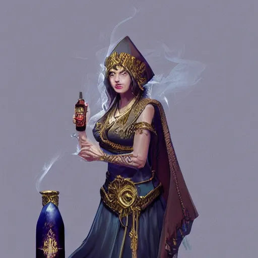 Image similar to a beautiful priestess holding an ornate bottle pouring smoke, concept art