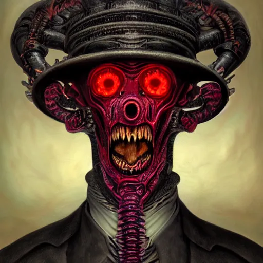 Prompt: detailed portrait, hyperreal demonic lovecraftian biomechanical alien steampunk cyborg cenobite evil stygian cultist nyarlathotep gentleman demon wearing a red top hat and a suit, by wayne barlowe, alan lee, giger, brian froud, lisa frank, luis royo, beksinksi, and alex grey, rendered in octane and unreal engine 5, trending on cgsociety, in the style of doom, warhammer 40k, dead space, mass effect