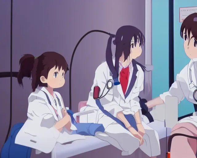 Prompt: a cute young female doctor wearing white coat are talking to a little girl with a blue shirt in a hospital, slice of life anime, vivid, anime scenery by Makoto shinkai