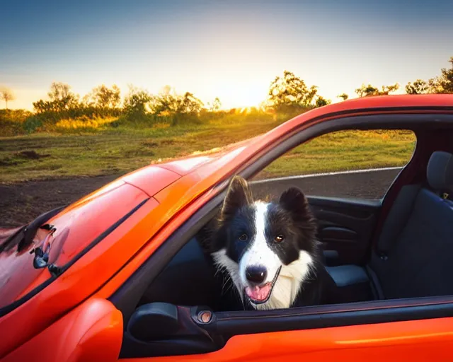 Image similar to border collie dog in the driver's seat of an orange nissan note, paws on wheel, car moving fast, rally driving photo, award winning photo, golden hour, front of car angle