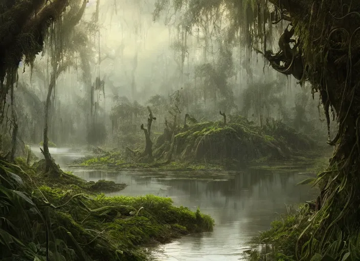 Image similar to matte painting of a huge swamp, overgrown with lush vines, immaculate scale, greg rutkowski, digital art, trending on artstation, detailed matte painting