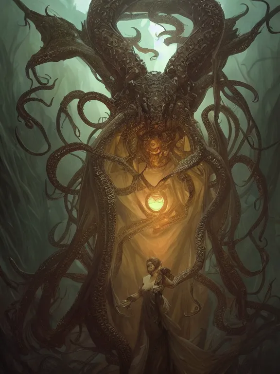 Image similar to cthulhu, d & d, fantasy, intricate, elegant, highly detailed, digital painting, artstation, concept art, wallpaper, smooth, sharp focus, illustration, art by artgerm and greg rutkowski and alphonse mucha