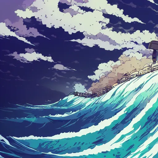 Prompt: tumultuous plunging waves, anime artwork, studio ghibli, stylized in an anime format, 4 k quality, trending on artstation