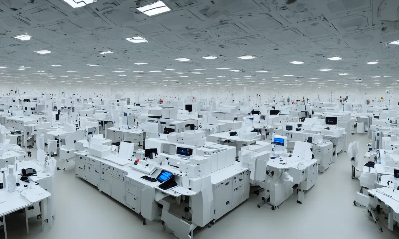 Image similar to inside of secret military laboratory, technology, bright, white, big space, laboratory equipment