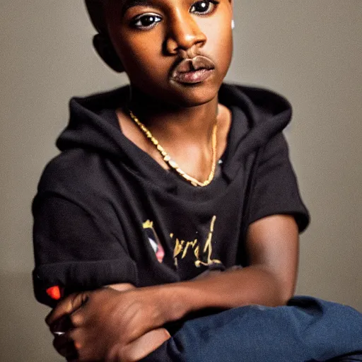 Image similar to the face of young kanye west wearing yeezy clothing at 1 3. 5 years old, portrait by julia cameron, chiaroscuro lighting, shallow depth of field, 8 0 mm, f 1. 8