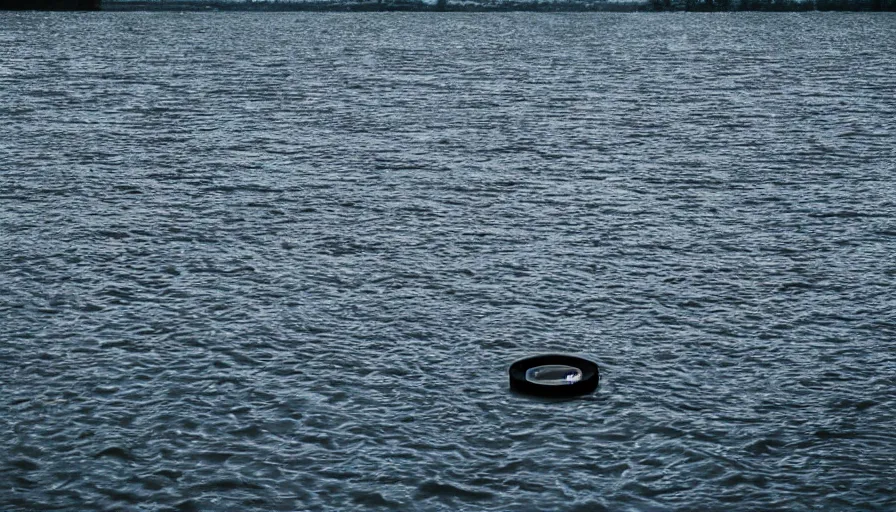 Prompt: photograph of a centered rope floating on the surface of the water, the rope is snaking towards the center of the lake, a dark lake on a cloudy day, anamorphic lens, kodak color film stock