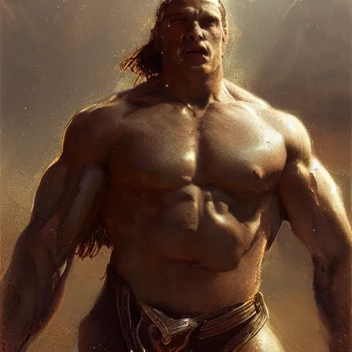 Image similar to handsome portrait of a spartan guy bodybuilder posing, radiant light, caustics, war hero, apex legends, steel bull run, by gaston bussiere, bayard wu, greg rutkowski, giger, maxim verehin