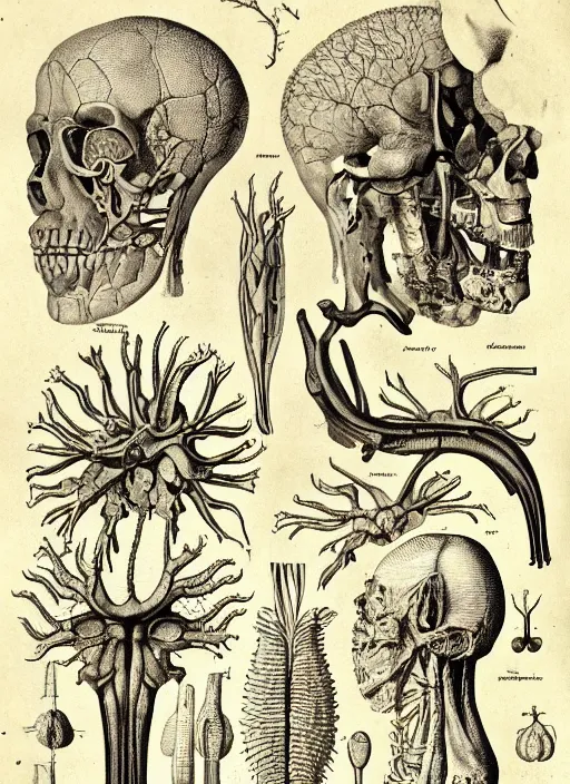 Image similar to anatomy textbook scientific anatomical illustration, made by Wenceslas Hollar and Ernst Haeckel in vintage Victorian England colourised print style