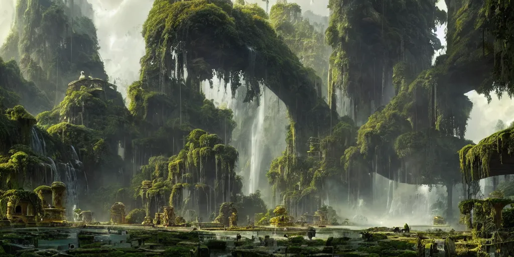 Prompt: screenshot of a verdant ancient stone marketplace in a massive ancient city, dappled light, waterfalls, colossal arcing overgrown metal structures high in the sky, beautiful, awe inspiring, fps, by james gurney, greg rutkowski, sparth, cinematography, cinematic masterpiece