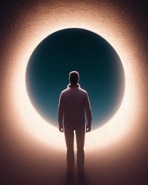 Image similar to a person standing in front of a glowy open door that's on a barren moon, poster art by mike winkelmann, trending on cg society, space art, sci - fi, ue 5, futuristic, volumetric lighting, light casting onto the ground, neat composition and camera angle