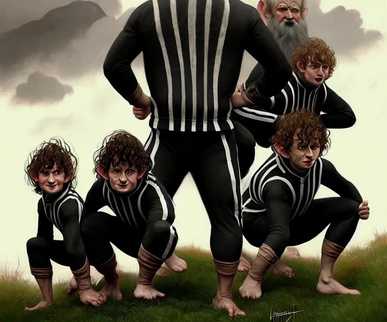 Image similar to portrait three hobbits as squatting slavs in black adidas track suits with white stripes down the leg, caricature, highly detailed, digital painting, artstation, concept art, sharp focus, cinematic lighting, illustration, art by met mangindaan, artgerm and greg rutkowski, alphonse mucha, cgsociety