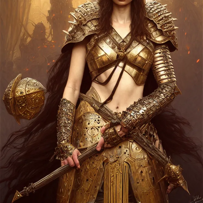 Image similar to Ancient queen Emily Ratajkowski wearing heavy armor, diffuse lighting, fantasy, intricate, elegant, highly detailed, lifelike, photorealistic, digital painting, artstation, illustration, concept art, smooth, sharp focus, art by John Collier and Albert Aublet and Krenz Cushart and Artem Demura and Alphonse Mucha