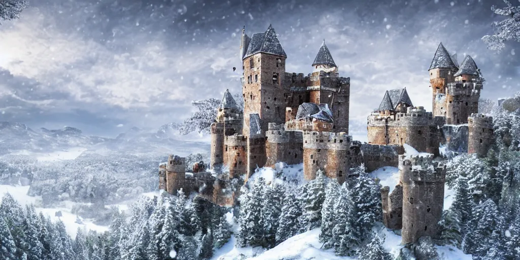 Prompt: an ancient castle on a snowy mountain, high detail, high definition, photorealistic, 8k