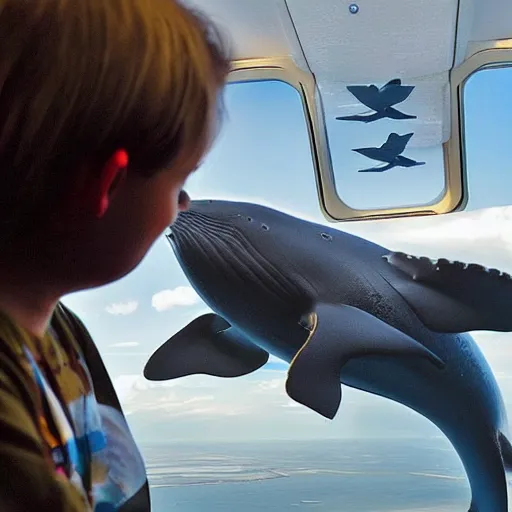 Image similar to an airplane with a tiny whale pilot, the whale is in the airplane cabin, the whale head can be seen through the window by people outside the airplane, the whale can be seeing inside the front of the plane, the command pilot is a whale, the whale is behind the window, the photo is taken outside the plane