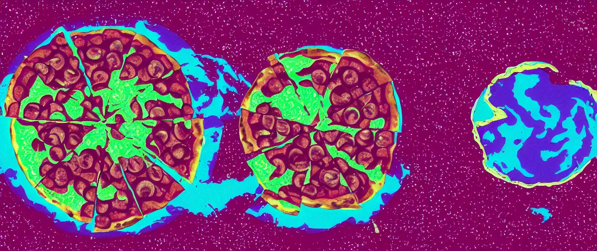 Image similar to huge pizza floating above the earth, high detail, vaporwave, synthwave, 8 k, hd, colorful