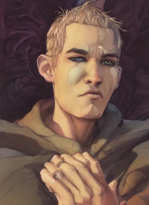 Prompt: a portrait of a male character who has two small, snake-like nostrils in place of a nose in a scenic environment by Ross Tran and by Jesper Ejsing and by Mikalojus Konstantinas Ciurlionis