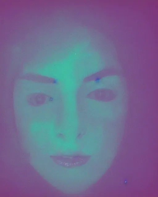 Image similar to featureless woman's face, blank expression, violet and yellow and green lighting, polaroid photo, 1 9 8 0 s cgi, atmospheric, whimsical and psychedelic, grainy, expired film, super glitched, corrupted file, ghostly, bioluminescent