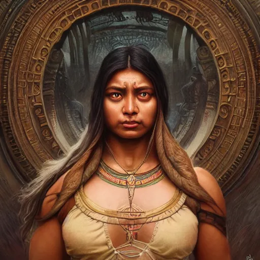 Prompt: painting of a muscular dark nepali female, looking away from camera, big eyes, fat, ultra realistic, concept art, intricate details, eerie, highly detailed, photorealistic, octane render, 8 k, unreal engine. art by artgerm and greg rutkowski and alphonse mucha