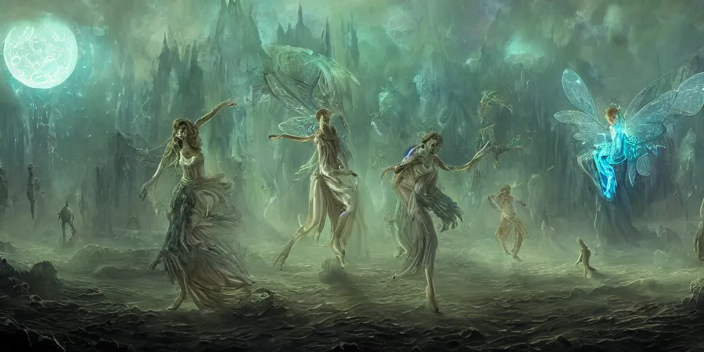 Image similar to concept art of translucent glowing fairies dancing, lovecraftian, renaissance, melting, round moon, rich clouds, fighting the horrors of the unknown, very detailed, volumetric light, mist, fine art, decaying, textured oil over canvas, epic fantasy art, very colorful, ornate intricate scales