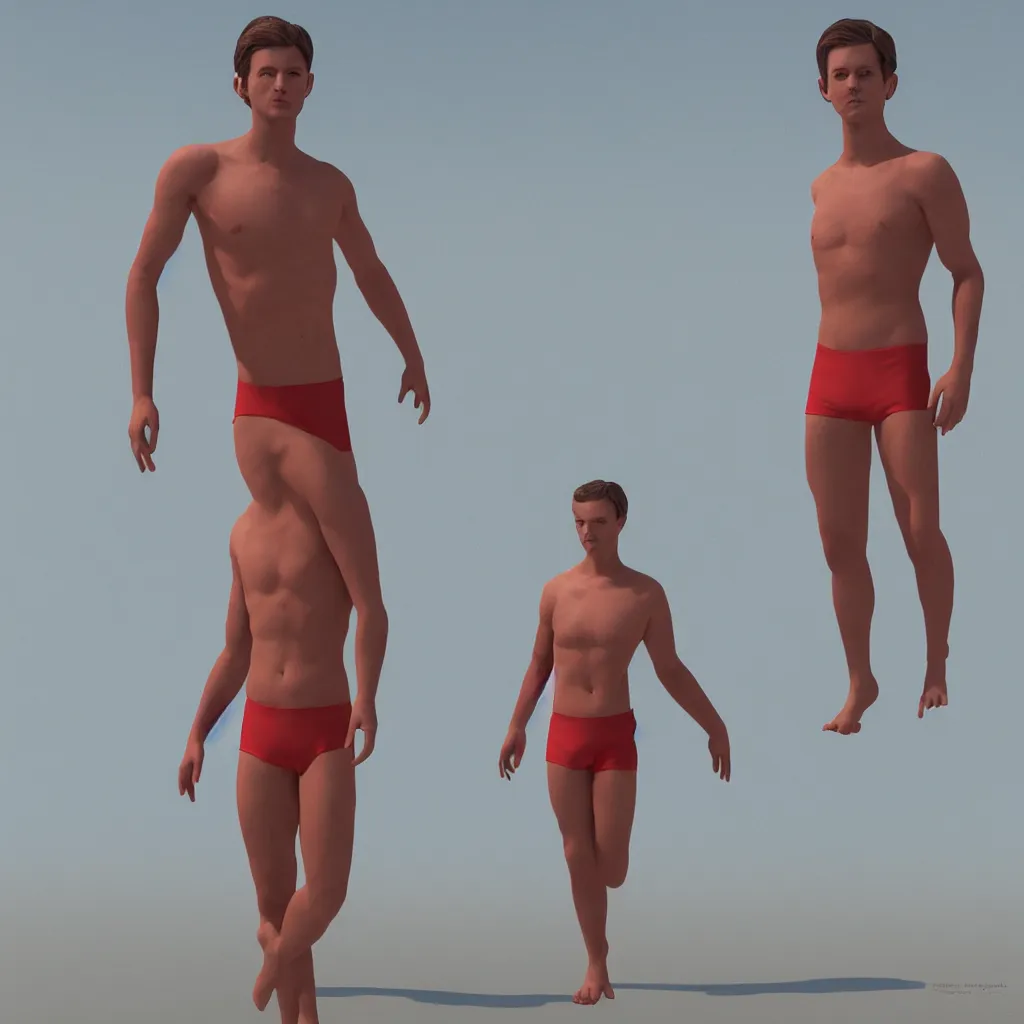 Image similar to full body male on a swimsuit photographed by liselotte habets with juno birch make up, digital art, redshift render, hyperrealistic