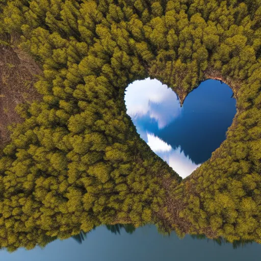 Image similar to photo of two black swans swimming in a beautiful reflective mountain lake, touching heads, forming a heart with their necks, a hot air balloon flying above the swans , granular detail, hot air balloon, intricate, portrait, 8k highly professionally detailed, HDR, CGsociety, octane render, 4k, f32,55mm photography, wide angle