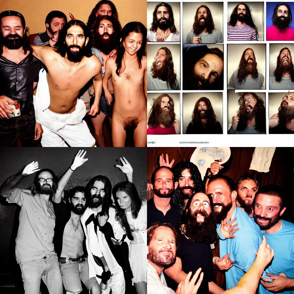 Prompt: photo of jesus and his disciples having a night out in the style of terry richardson.